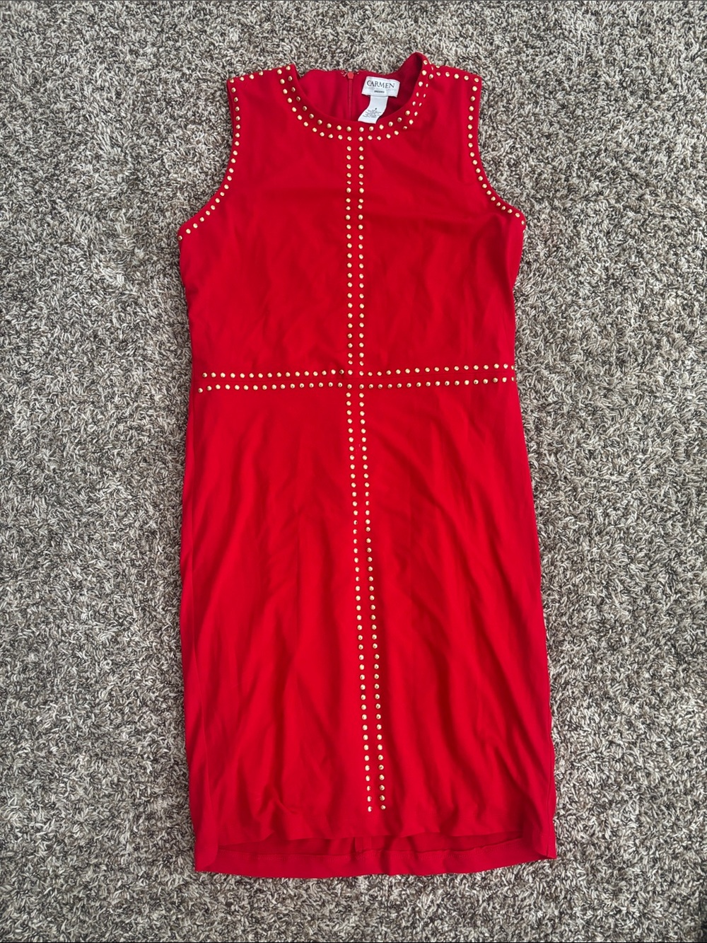 Carmen Marc Valvo Red Sleeveless Stud-Trim Midi Dress